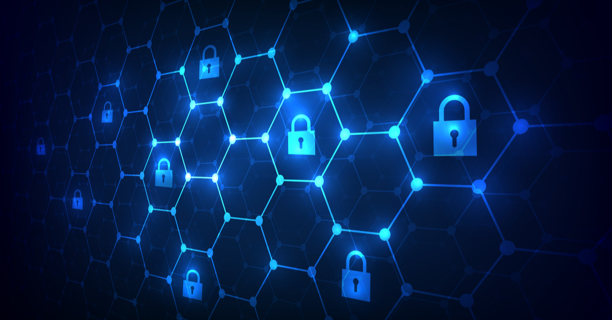 Blue and black graphic of network and padlocks